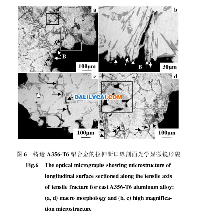 图6铸造A356-T6铝合金的拉伸断口纵剖面光学显微镜形貌