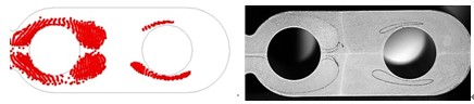新材料显示使用红色轮廓标记，左边为模拟结果，右边为腐蚀截面的照片b