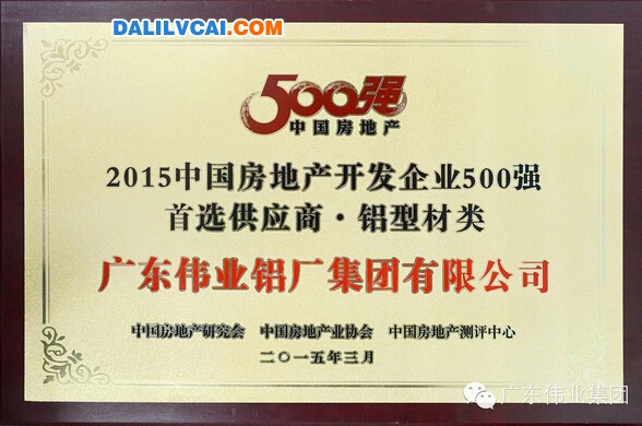 伟业所获2015中国房地产开发企业500强首选供应商铝型材类奖牌图