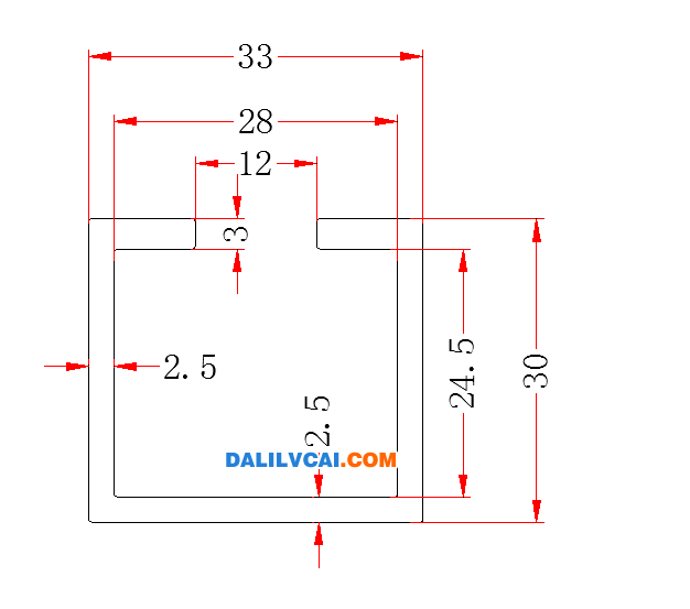 开口铝方管成截面图30mm*33mm*2.5mm