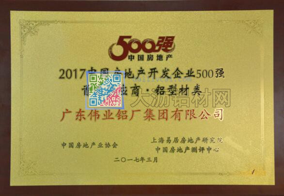 伟业铝材荣获“2017年中国房地产开发企业500强首选供应商”奖牌