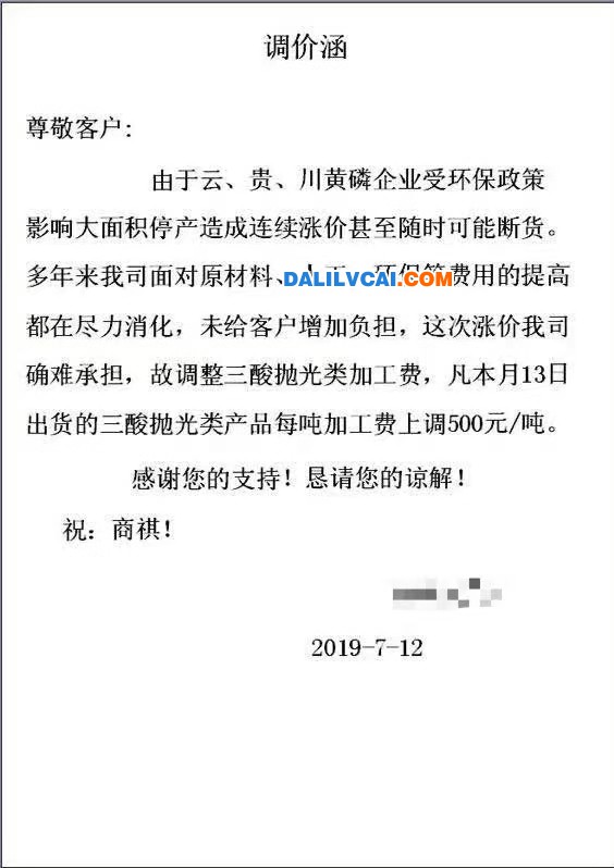 XX铝合金《三酸化学抛光料提价通知》