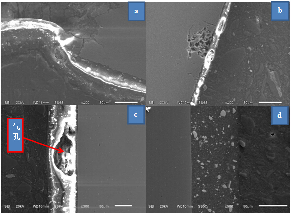截面金相抛光态形貌（其中a，b为失效样品热镶，c未使用样热镶，d未使用样冷镶）